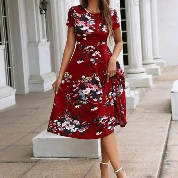 Midi Dress Red Floral - Picture 1 of 2